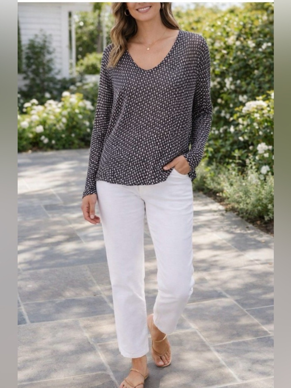 Loft Women’s Lightweight Scoop Neck Polka Dot Linen Blend Sweater Size M Navy